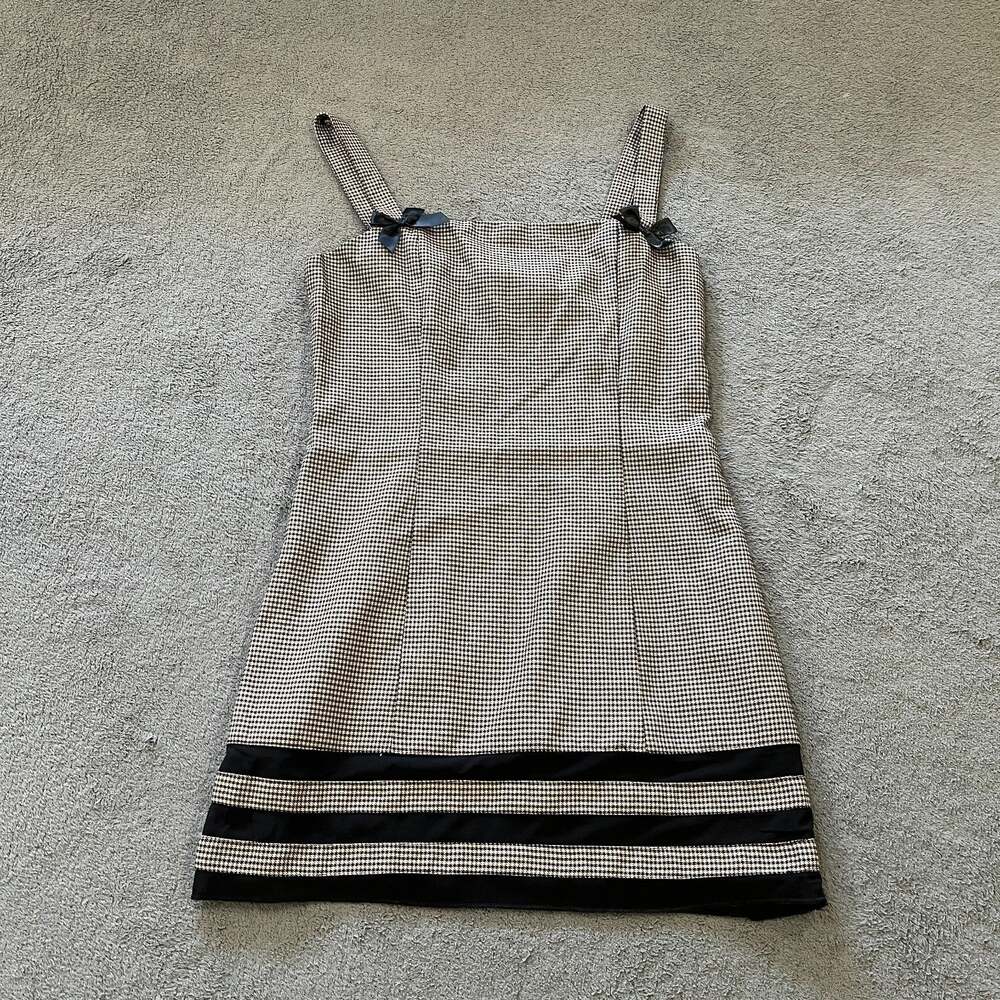 Forever 21 Houndstooth Brown Black Stripe Bow Mini Dress Women's Medium NWT